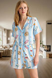 Viskoz Baskılı Pijama Takımı Şortlu Düğmeli Yazlık Rahat Kullanım Günlük İçin