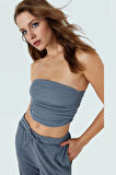 Büzgülü Örme Straplez Bluz Crop Fitted Rahat Yazlık Uzun Ömürlü Ve Şık