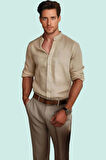 Erkek Renk Regular Fit Keten Görünümlü Hakim Yaka Gömlek Günlük Ve İş Hayatına Uygun Hafta Sonu