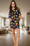 Yazlık Kısa Kollu Çok Baskılı Örme Pijama Takımı Yüksek Kalite Modern Stil Rahat Ve Şık