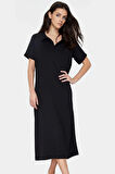 Yazlık Bürümcük Dokulu Midi Elbise Nefes Alan Polyester Kumaş Polo Yaka Kısa Kollu