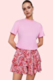 Kadın Yüksek Belli Kısa Şort Etek Geniş Paça Viskoz Dokuma Shally Desenli Yaz Günlük Kullanım