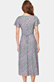 Viskoz Dokuma A line Midi Elbise V Yaka Çiçek Desenli Yazlık Uzun Ömürlü Mükemmel Uyum