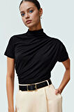 Polyester Elastan Örme Bluz Dik Yaka Fitted Kısa Kollu Yazlık Yüksek Kalite Rahat Kullanım