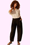 Kadın Keten Boyfriend Pantolon Yüksek Bel Geniş Paça Dokuma Kumaş Günlük Stil Modern Tasarım