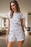 Kalpli Desenli Pijama Takımı Yumuşak Örme Kumaş Lastikli Şort 2'li Takım Premium Kalite