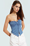 Asimetrik Kalp Yaka Örme Bluz Polyester Crop Buzzy Dokuma Yazlık Rahat Modern Stil Özel Tasarım