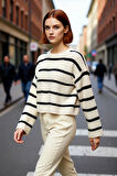 Kadın Crop Boy Akrilik Triko Kazak Bisiklet Yaka Geniş Kalıp Çizgili Soğuk Havalara Uygun Kaliteli