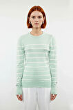 Kadın Modern Ekru Çizgili Bisiklet Yaka Fitted Kesim Triko Kazak İlkbahar Sonbahar Konforu
