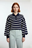 Kadın Çizgili Polo Yaka Düşük Kol Relaxed Fit Kışlık Triko Kazak Günlük Şıklık Sunar Kaliteli