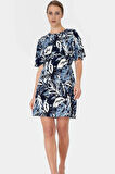 Yazlık Mini Elbise Tropikal Desenli Viskoz A Kesim Yüksek Kalite Seçkin Malzeme