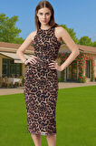 Bodycon Leopar Desenli Örme Midi Abiye Elbise Premium Kalite Yüksek Kalite Özel Tasarım Uzun Ömürlü