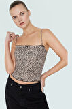 Basic Crop Bluz Leopar Desenli Poliamid Örme Rahat Premium Kalite Seçkin Malzeme Zarifane Tasarım