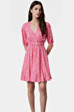 Shally Dokuma Mini Elbise V Yaka Kısa Kollu Çiçek Desenli Rahat Seçkin Malzeme Modern Stil
