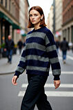 Kadın Düşük Kol Çizgili Triko Kazak Modern Oversize Kesim Günlük Şıklık İçin Sonbahar Kış Kaliteli