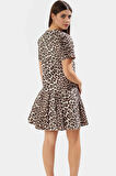 Pamuk Denim Mini Elbise Leopar Desenli Fırfırlı Etek Kısa Kollu Bodycon Zarifane Tasarım