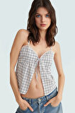 İnce Askılı Crop Bluz Çok Ekose Desenli Polyester Saten Yazlık Yüksek Kalite