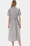 Yazlık Midi Elbise %Pamuk Dokuma Kısa Balon Kollu Çizgili Skater Gömlek Yaka Rahat Ve Şık
