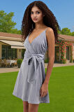 Rahat Yazlık Mini Elbise Pamuklu Keten Askılı V Yaka Bel Kuşağı Profesyonel Görünüm Mükemmel Uyum