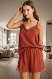 Yazlık Viskoz Pijama Takımı Dantelli Şortlu İnce Askılı Homewear Rahat Kullanım
