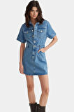 Kısa Kollu Denim Gömlek Elbise %Pamuk Midi Boy Casual Trend Tasarım Özel