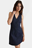V Yaka Denim Mini Elbise Bodycon Kalıp Yazlık Rigid Dokuma %Pamuk Trend Tasarım