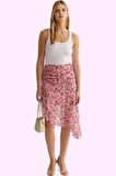 Kadın Yüksek Bel Çiçekli Dokuma Şifon Midi Etek Asimetrik Kesim Yaz Günlük Kullanım Hafta Sonu