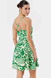 Dokuma Viskoz Mini Elbise V Yaka Skater Kalıp Çiçek Desenli Yazlık Kaliteli İşçilik Uzun Ömürlü