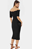 Bodycon Midi Elbise Carmen Yaka Renk Gofre Dokuma Örme Kumaş Uzun Ömürlü Rahat Ve Şık