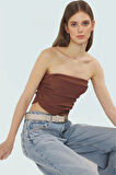 Büzgülü Örme Straplez Bluz Crop Fitted Rahat Yazlık Uzun Ömürlü Ve Şık