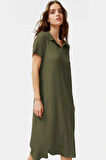 Yazlık Bürümcük Dokulu Midi Elbise Nefes Alan Polyester Kumaş Polo Yaka Kısa Kollu