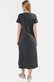 Cep Detaylı Pamuklu Örme Midi Elbise Bisiklet Yaka Rahat Kalıp Özel Tasarım Zarifane
