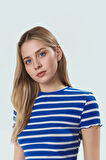 Viskoz Polyester Karışımlı Çizgili Crop Bluz Fitted Kalıp Kısa Kol Rahat Kullanım