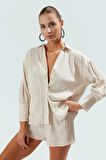 Yazlık Şıklık Pamuk Polyester Keten Karışımlı Uzun Kollu Gömlek Şort Takım Mükemmel Uyum