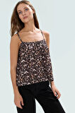 Yazlık Kadın Terrycotton Crop Bluz İnce Askılı Leopar Desenli Oversize Şık Görünüm
