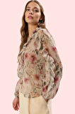 Kadın Şifon Gömlek Regular Kalıp Uzun Kol Çiçekli Desen Polyester Yaz Aylarının Vazgeçilmezi