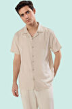 Erkek Apaç Yaka Kısa Kollu Pamuklu Gömlek Etamine Dokuma Rahat Kalıp Yazlık Günlük Kullanım