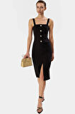 Bodycon Elbise Midi Boy Kolsuz Düğmeli Detay Polyester Elastan Karışımı