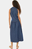 Klasik Denim Elbise Midi Boy Gömlek Yaka Pamuklu Rahat Kaliteli İşçilik Ve Şık Özenle Seçilmiş