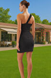 Asimetrik Yaka Mini Elbise Bodycon Kalıp Polyester Elastan Şık Elbise Seçkin Malzeme Özenle Seçilmiş
