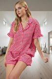Yazlık Homewear Dokuma Pijama Takımı Ekoseli Şortlu Gömlek Dayanıklı Malzeme