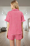 Yazlık Homewear Dokuma Pijama Takımı Ekoseli Şortlu Gömlek Dayanıklı Malzeme