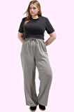 Kadın Büyük Beden Keten Görünümlü Dokuma Pantolon Yüksek Bel Geniş Paça Yazlık Günlük Kullanım