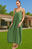 Kadın V Yaka Maxi Elbise Rahat Plaj Şıklığı Crinkle Dokuma Konforlu Kesim Profesyonel Görünüm