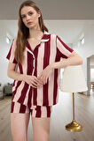 Yazlık Çizgili Pijama Takımı Nefes Alan Viskoz Kumaş Regular Kalıp Şık Görünüm