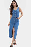 Kolsuz Denim Midi Elbise Basic Kalıp Pamuk Havuz Yaka Günlük Modern Stil Profesyonel Görünüm