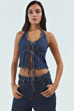 Yazlık Kadın Bluz 100% Pamuk Denim Crop Halter Yaka Bağcıklı Detay Şık Görünüm Konforlu Kesim