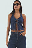 Yazlık Kadın Bluz 100% Pamuk Denim Crop Halter Yaka Bağcıklı Detay Şık Görünüm Konforlu Kesim