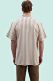 Erkek Yazlık Kısa Kollu Çizgili Keten Karışımlı Gömlek Oversize Apaş Yaka Rahat Günlük Kullanım