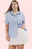 Kadın Yazlık Gömlek; Büyük Beden; Taş Detaylı; Kısa Kol; Rahat Günlük Stil Kaliteli Malzeme